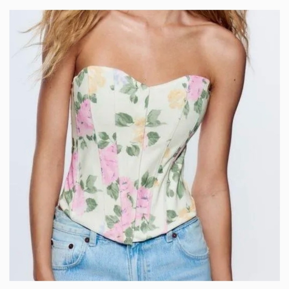 Zara Cream Strapless Floral Bustier Top with Pink & Purple Blooms Size Small NWT